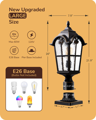 EDISHINE dusk-to-dawn post light side view with ripple glass glow