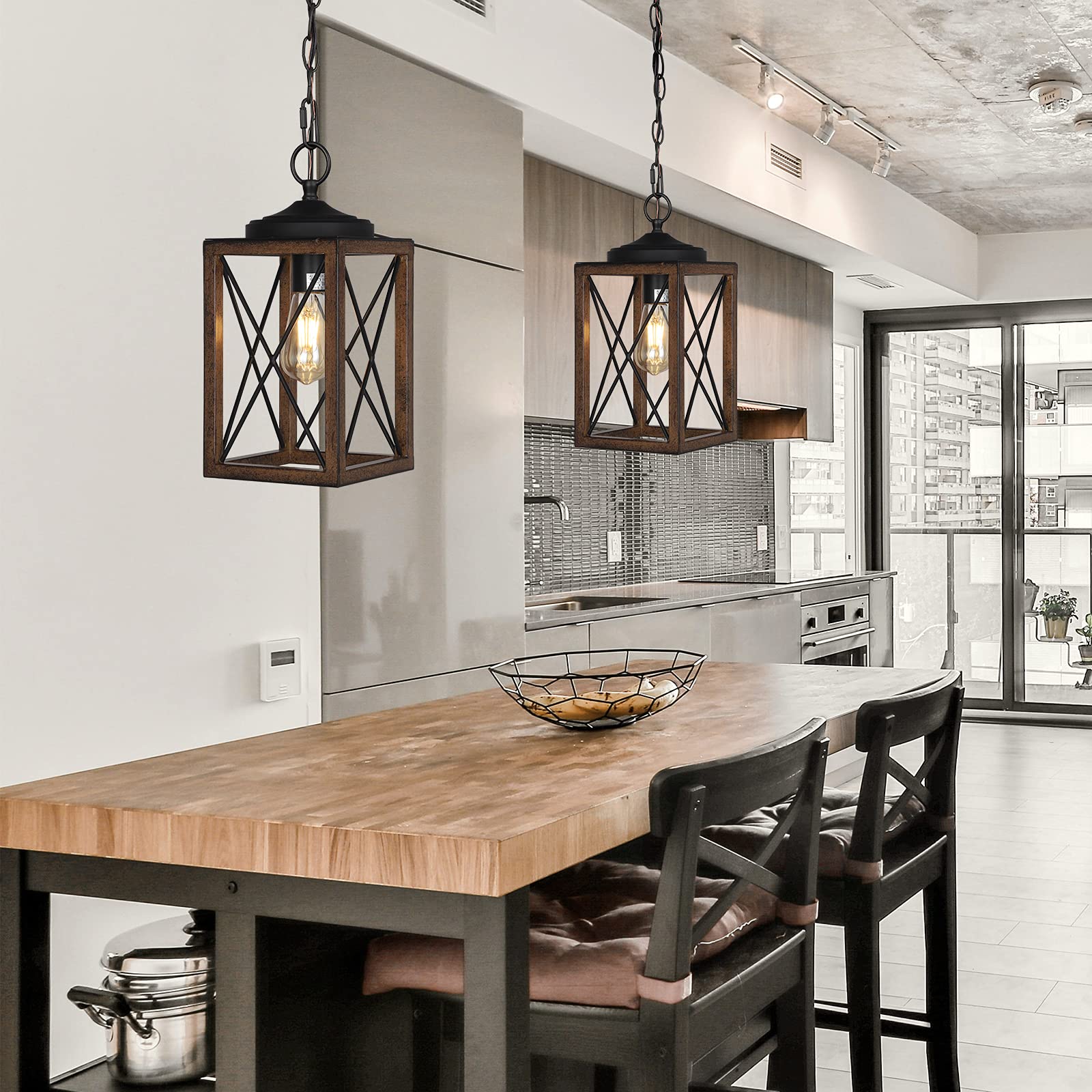 Wood grain finish on the EDISHINE pendant adds rustic warmth to kitchen or dining areas.