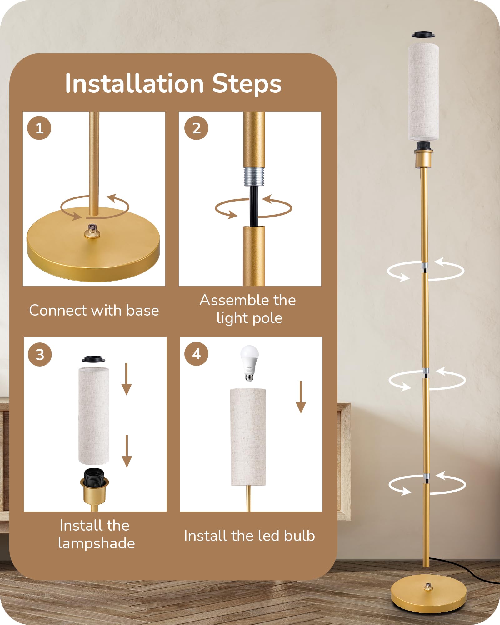EDISHINE gold floor lamp complements modern living rooms and bedrooms.