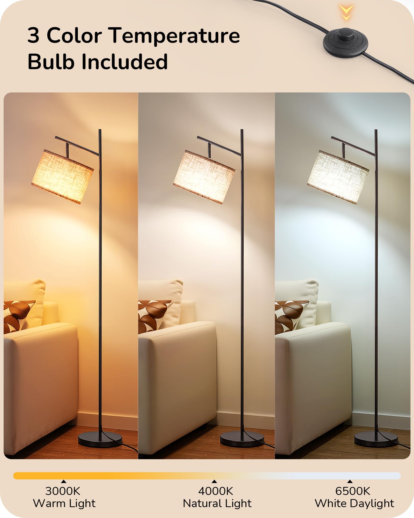 EDISHINE floor lamp linen shade close-up highlights soft, diffused lighting
