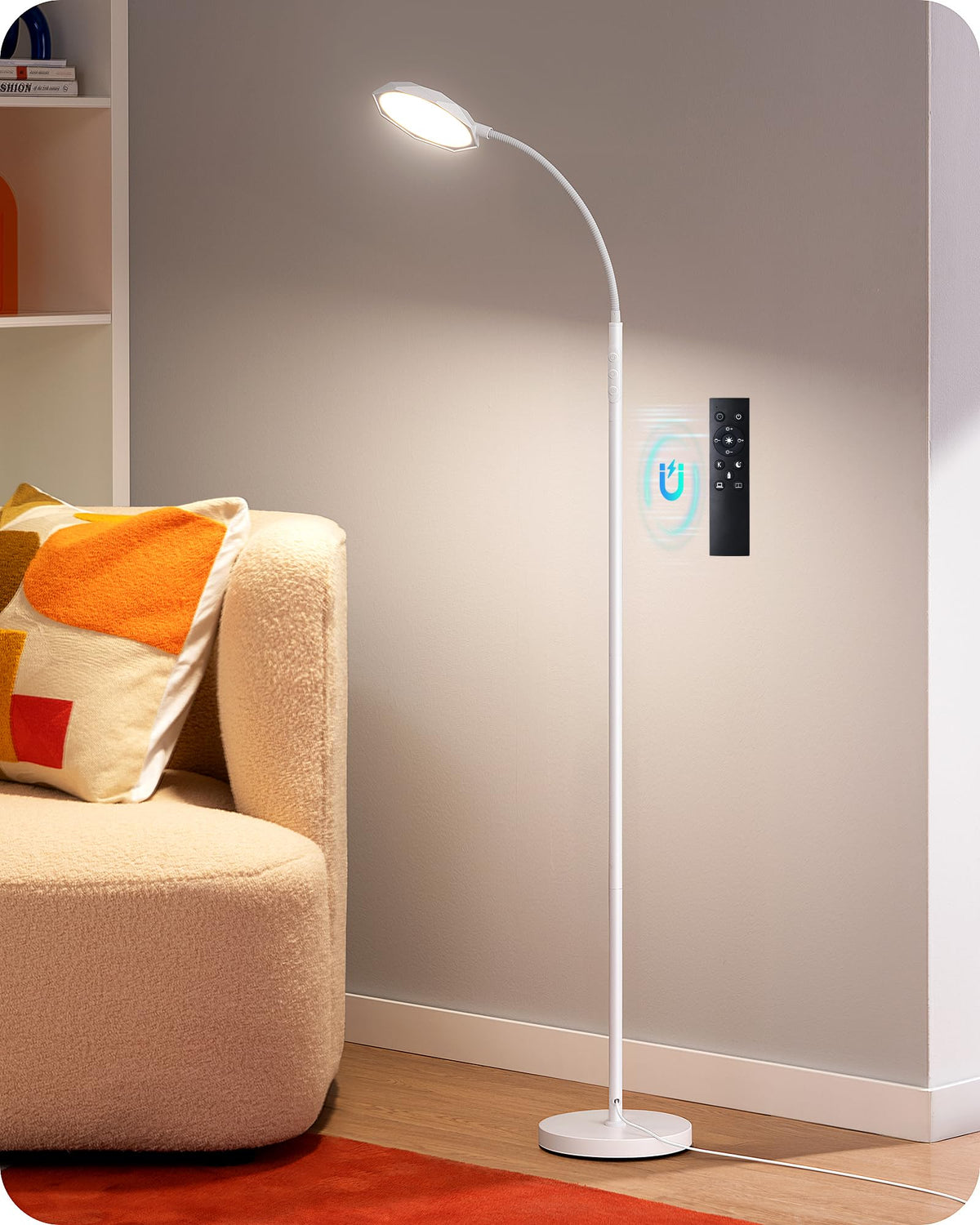 EDISHINE gooseneck floor lamp in living room for versatile, cozy lighting