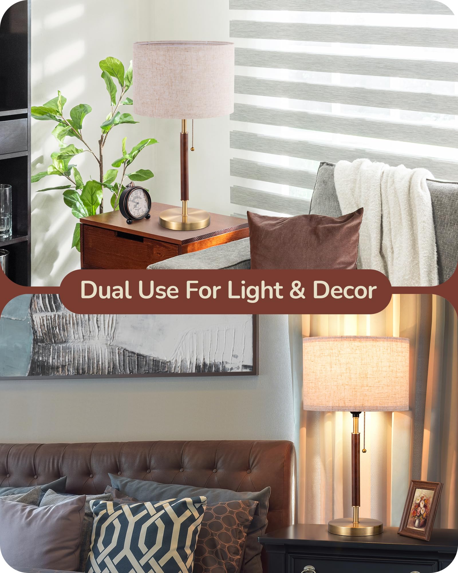 EDISHINE linen shade and wooden pole accent the lamp’s warm look