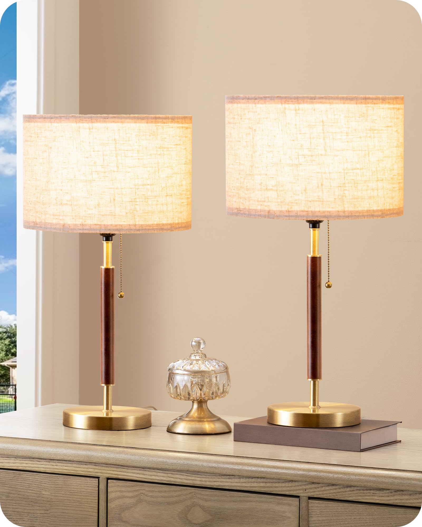 EDISHINE mid-century table lamp with bronze base and pull chain for living room ambiance