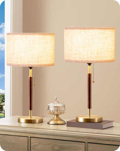 EDISHINE mid-century table lamp with bronze base and pull chain for living room ambiance