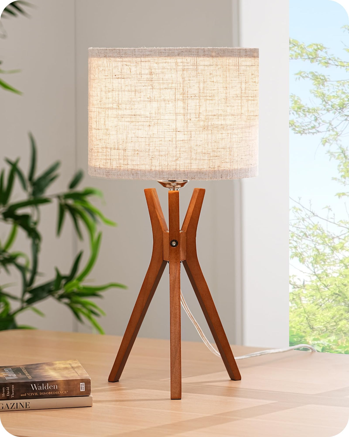 EDISHINE mid-century lamp with wooden base provides warm lighting.