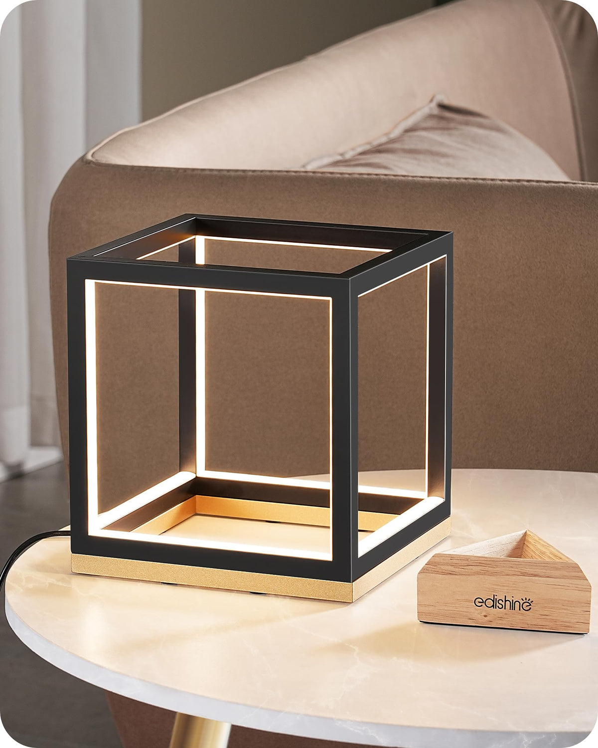 EDISHINE LED table lamp front view with cube design for cozy bedside lighting