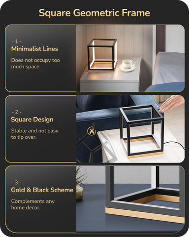 EDISHINE lamp side view highlights black-gold cube and wood base, ideal for nightstands