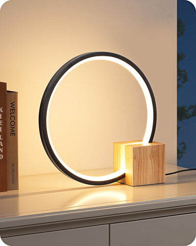 EDISHINE lamp front view shows a sturdy solid wood base for stable bedside lighting.