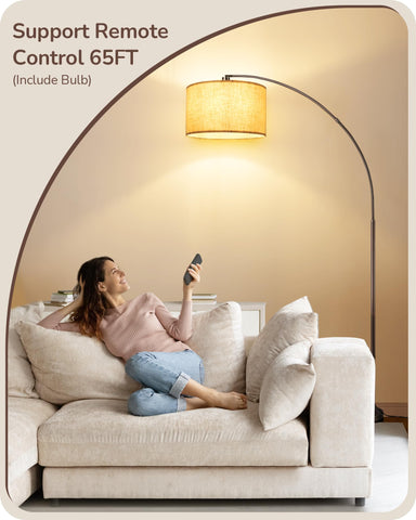 EDISHINE remote-control arc lamp shown beside sofa for easy dimming