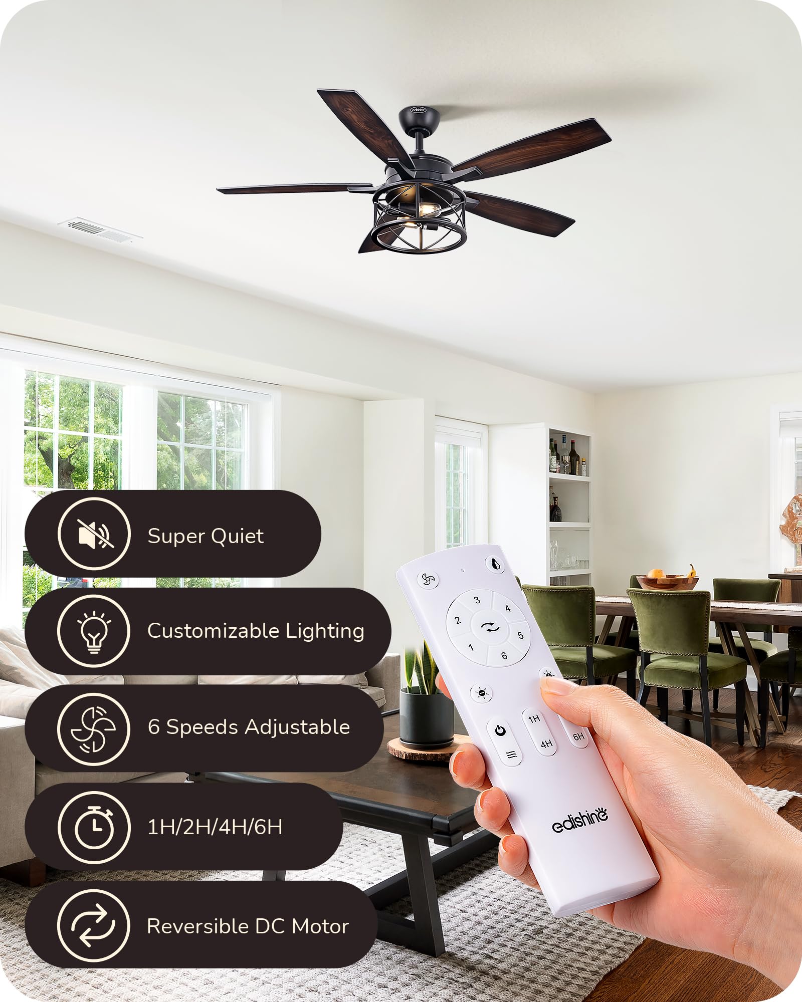 EDISHINE remote control for adjustable fan speed and light brightness.