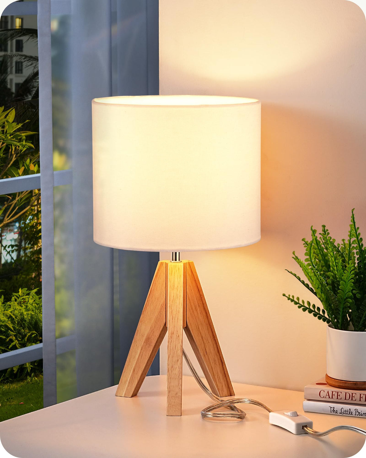 EDISHINE small cute table lamp with wooden tripod base provides stable bedside lighting.