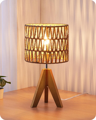 EDISHINE small table lamp with rattan shade creates cozy bedroom ambiance.