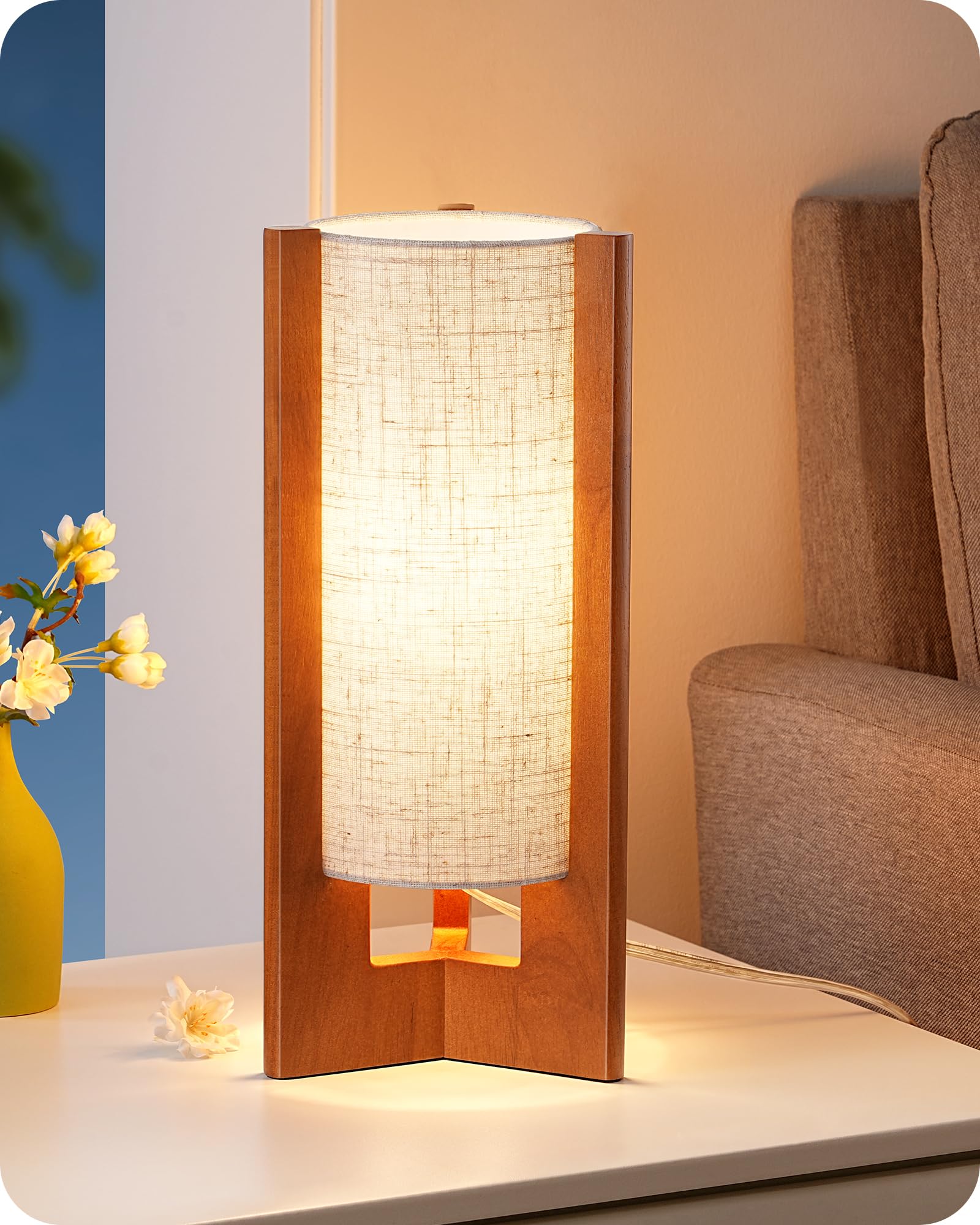EDISHINE walnut wood cylinder base lamp shown on a nightstand, sturdy design.