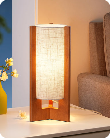 EDISHINE walnut wood cylinder base lamp shown on a nightstand, sturdy design.