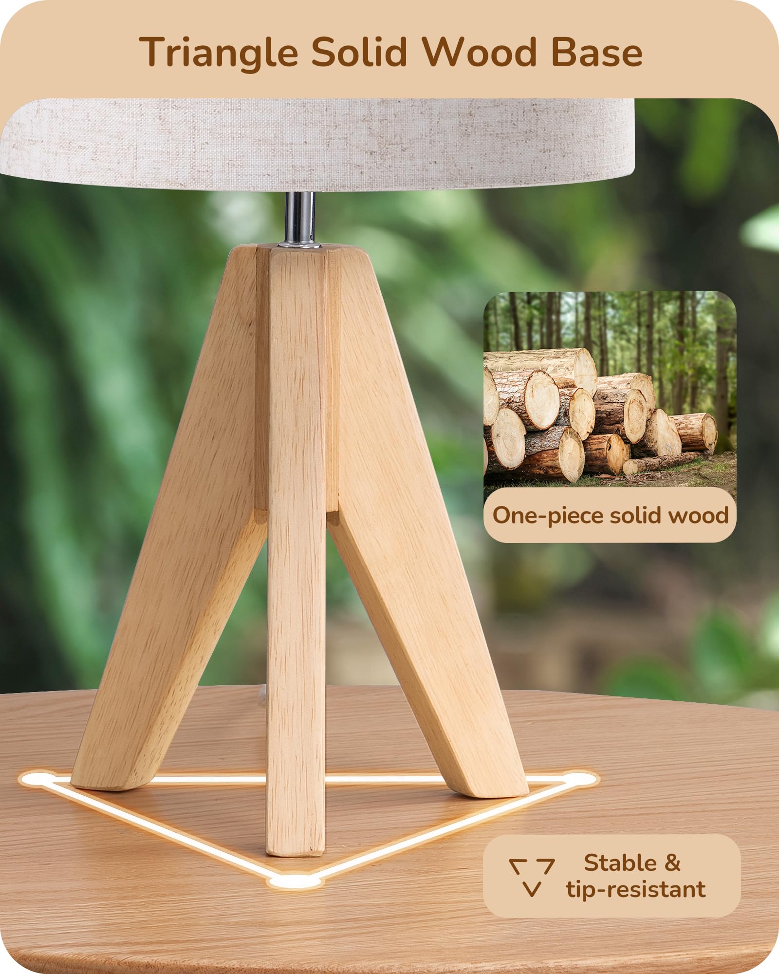 EDISHINE wood tripod base emphasizes stability for safe nightstand use.