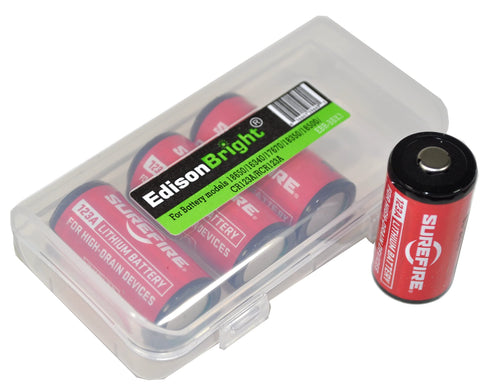 EdisonBright SF123A battery pack with four high-drain cells for reliable flashlight power.