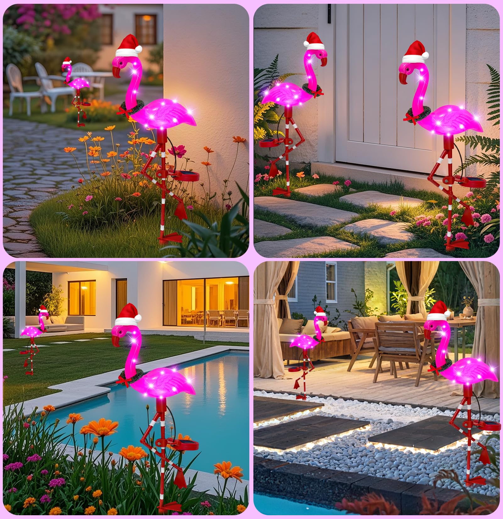 Pink flamingo lawn ornament brightens pathways and flower beds.