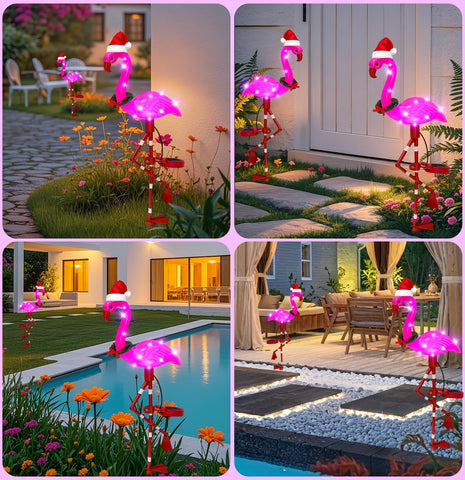 Pink flamingo lawn ornament brightens pathways and flower beds.