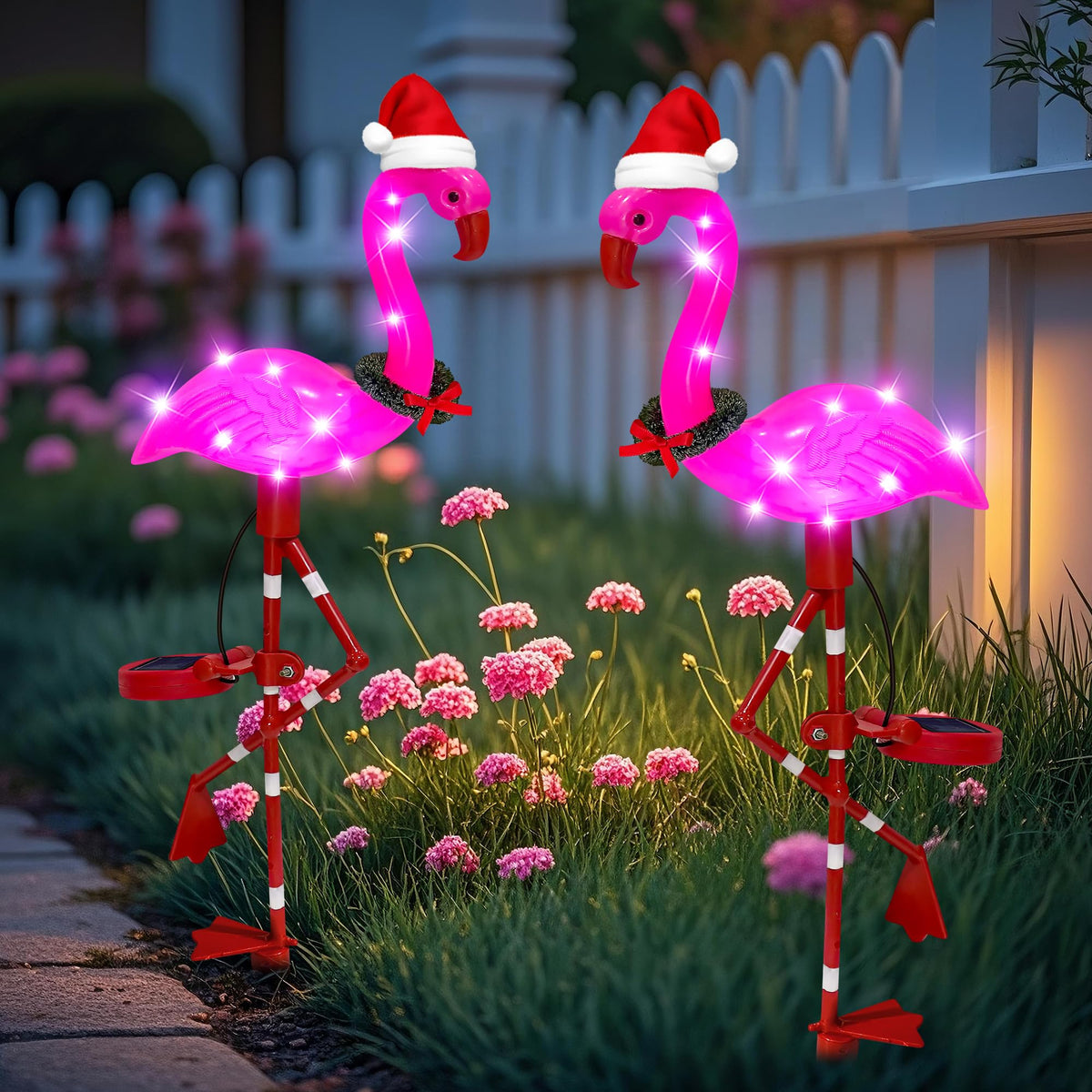 EDOF solar flamingo light glows at dusk, enhancing garden ambiance.