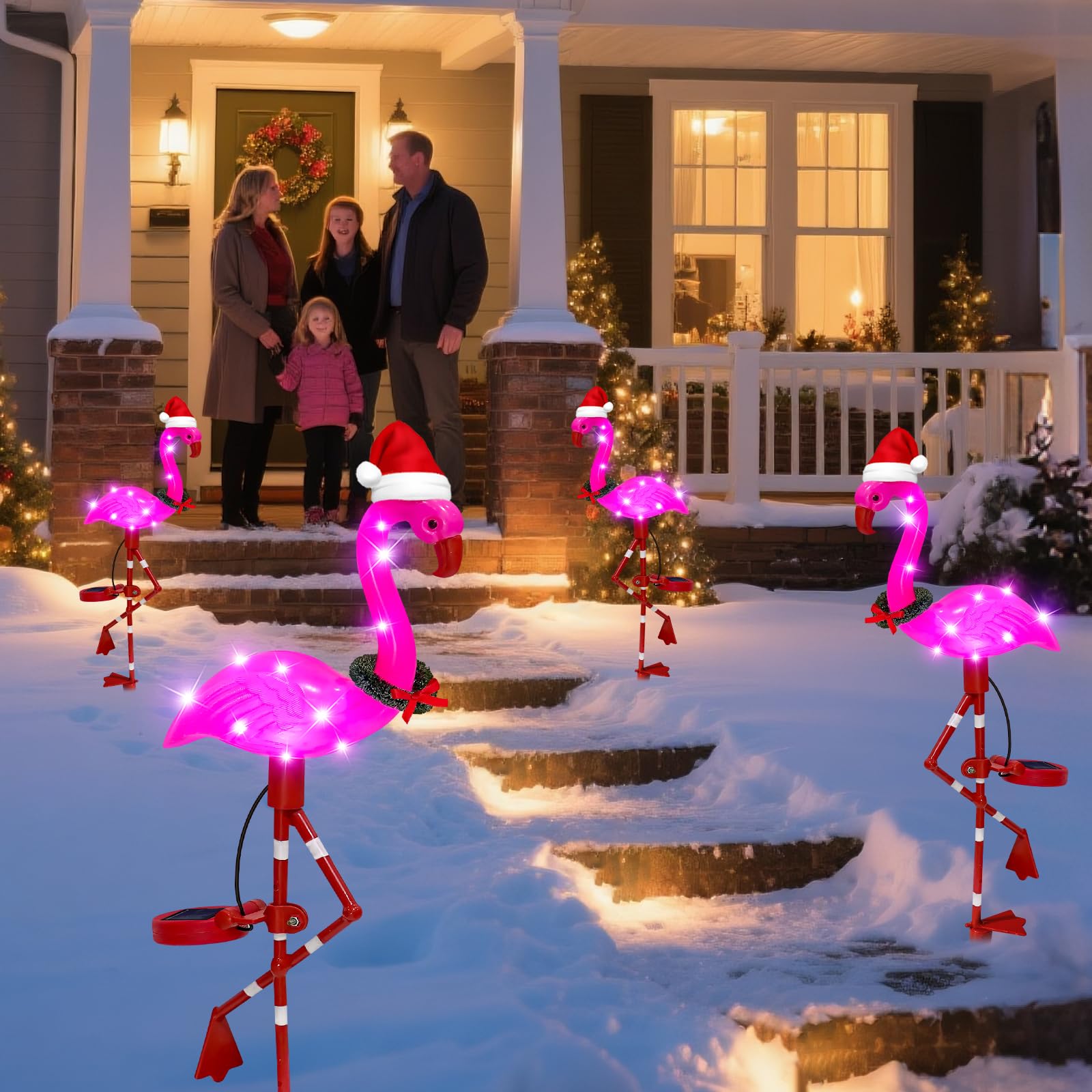 Two-pack flamingo lights create balanced lawn edge lighting.