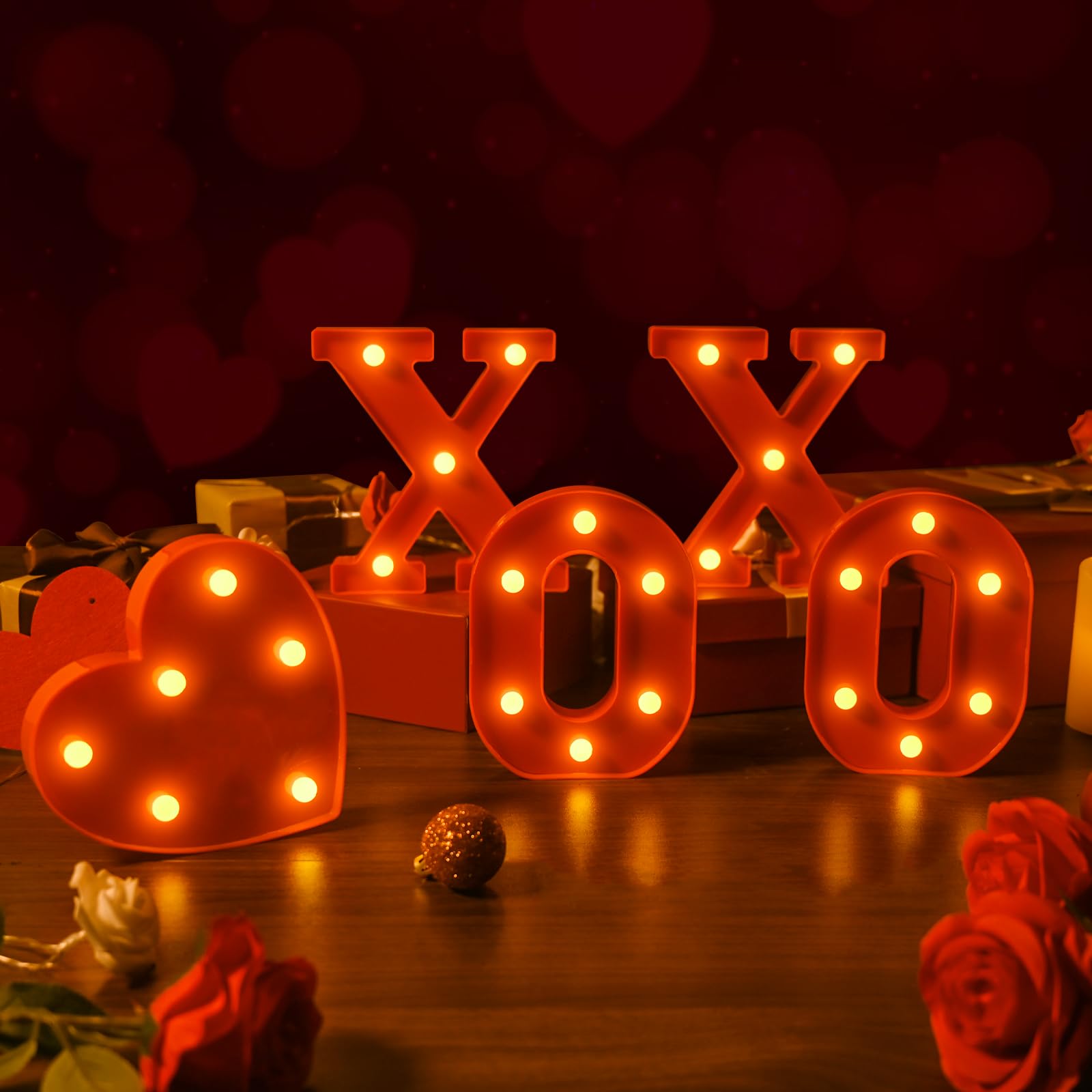 EDYCON XOXO letters tabletop display with warm glow for Valentine mood.