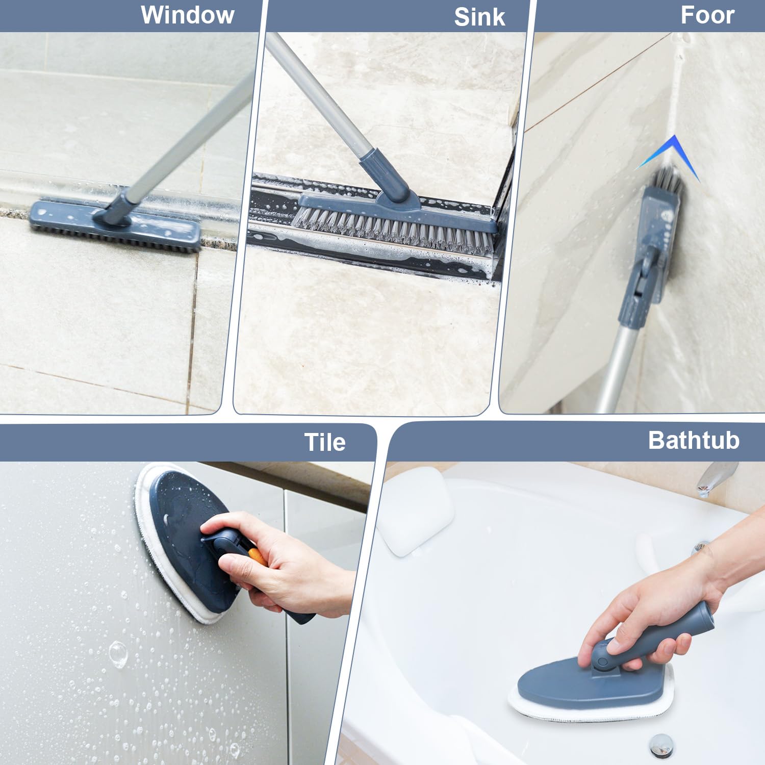 EDZNFE stiff-bristle brush highlights 180-degree grout scrubbing power