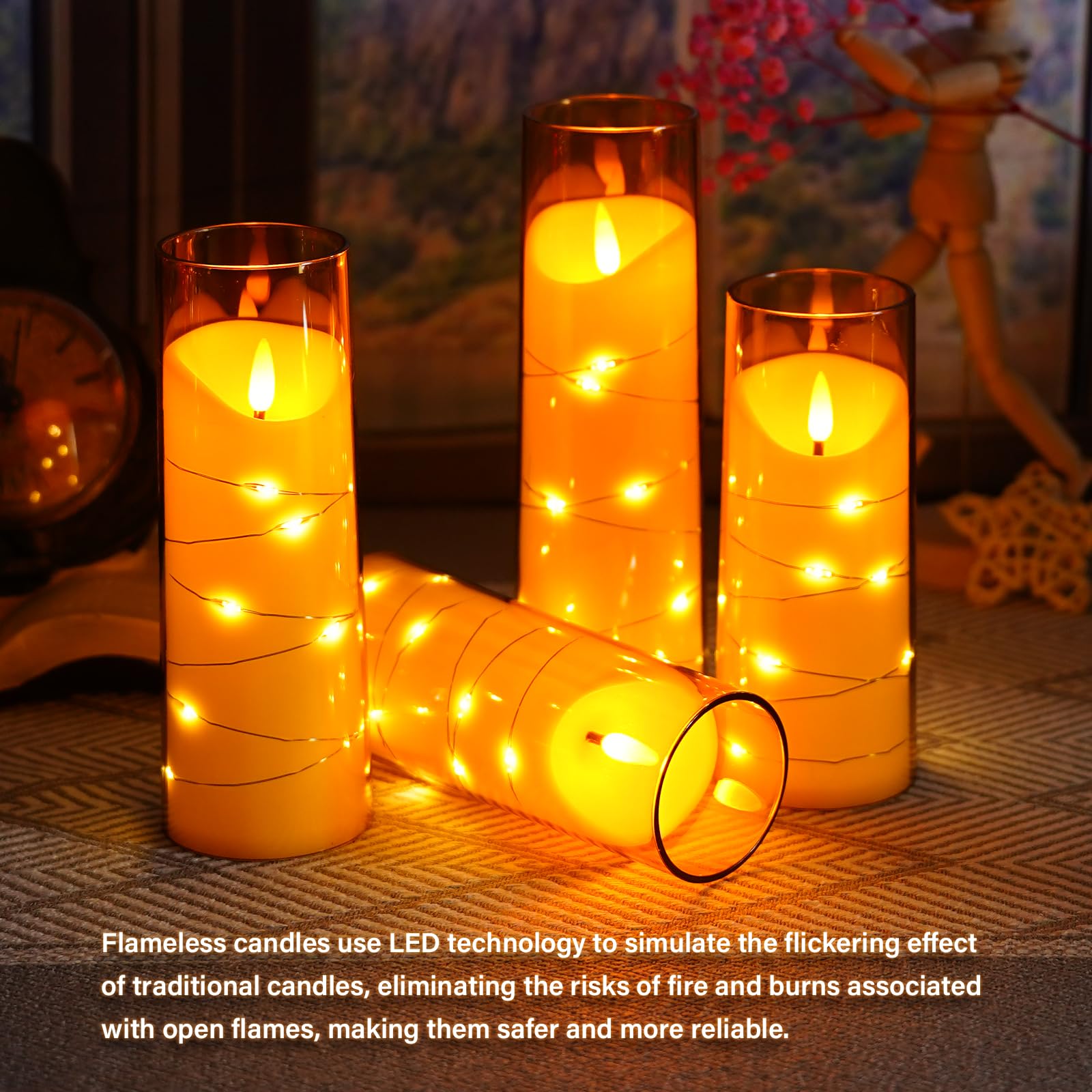 Battery-operated candles offer flexible placement on tables and mantels