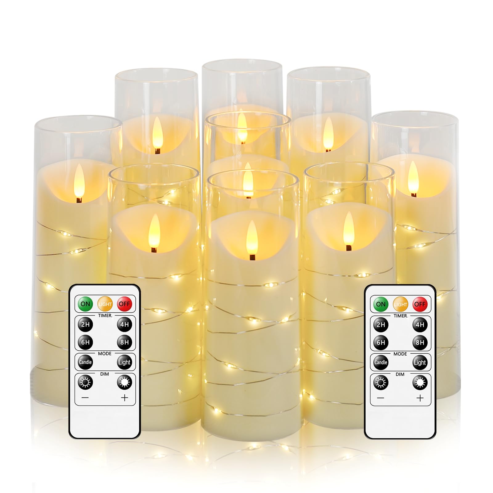 Eebuss flameless candles with embedded star string provide whimsical glow on a shelf.
