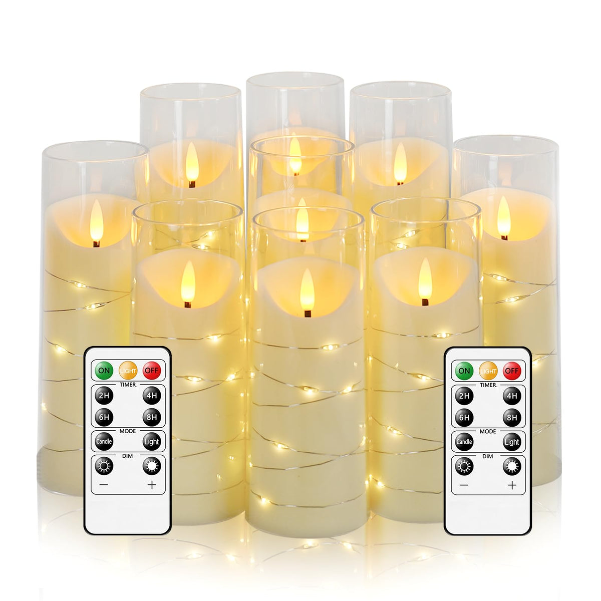 Eebuss flameless candles with embedded star string provide whimsical glow on a shelf.