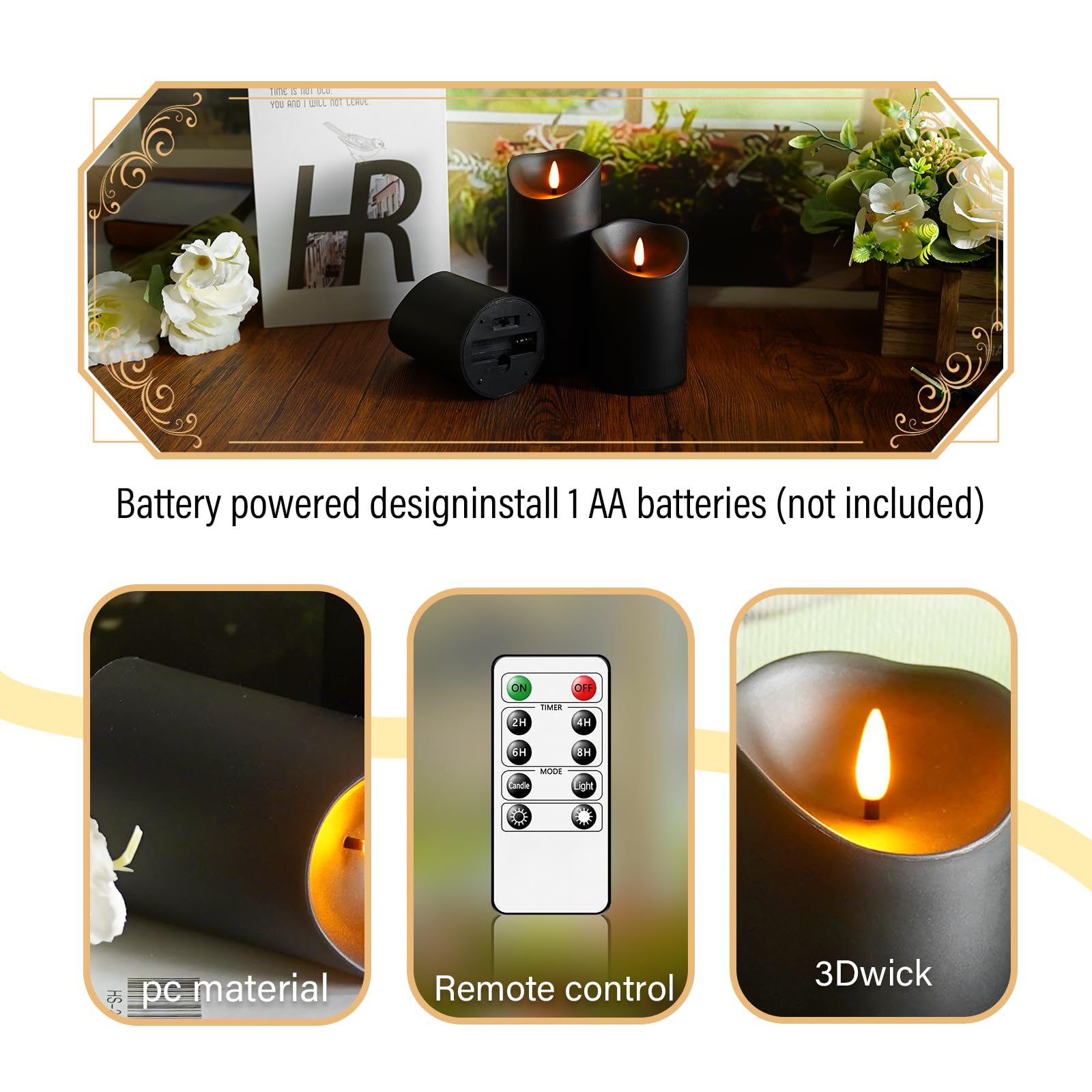 Eebuss pillar candles on a living room shelf provide soft ambient lighting.