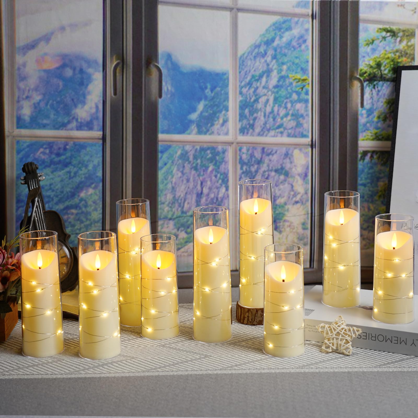 Eebuss nine-piece ivory candle set features 5, 6, and 7 inch heights for layered displays.