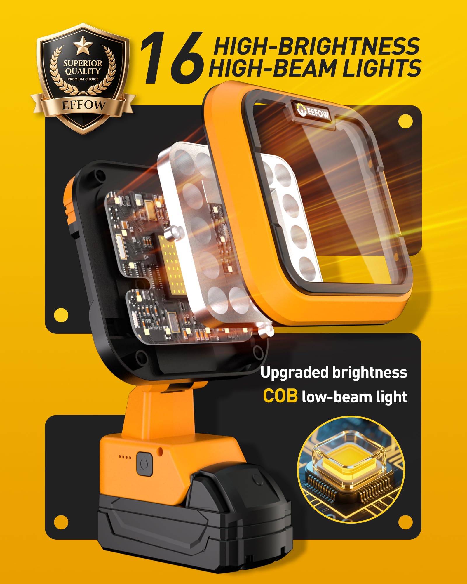 EEFOW work light in spotlight mode provides focused long-range illumination