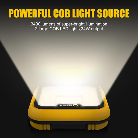 EEFOW work light showing Dewalt battery compatibility for cordless power