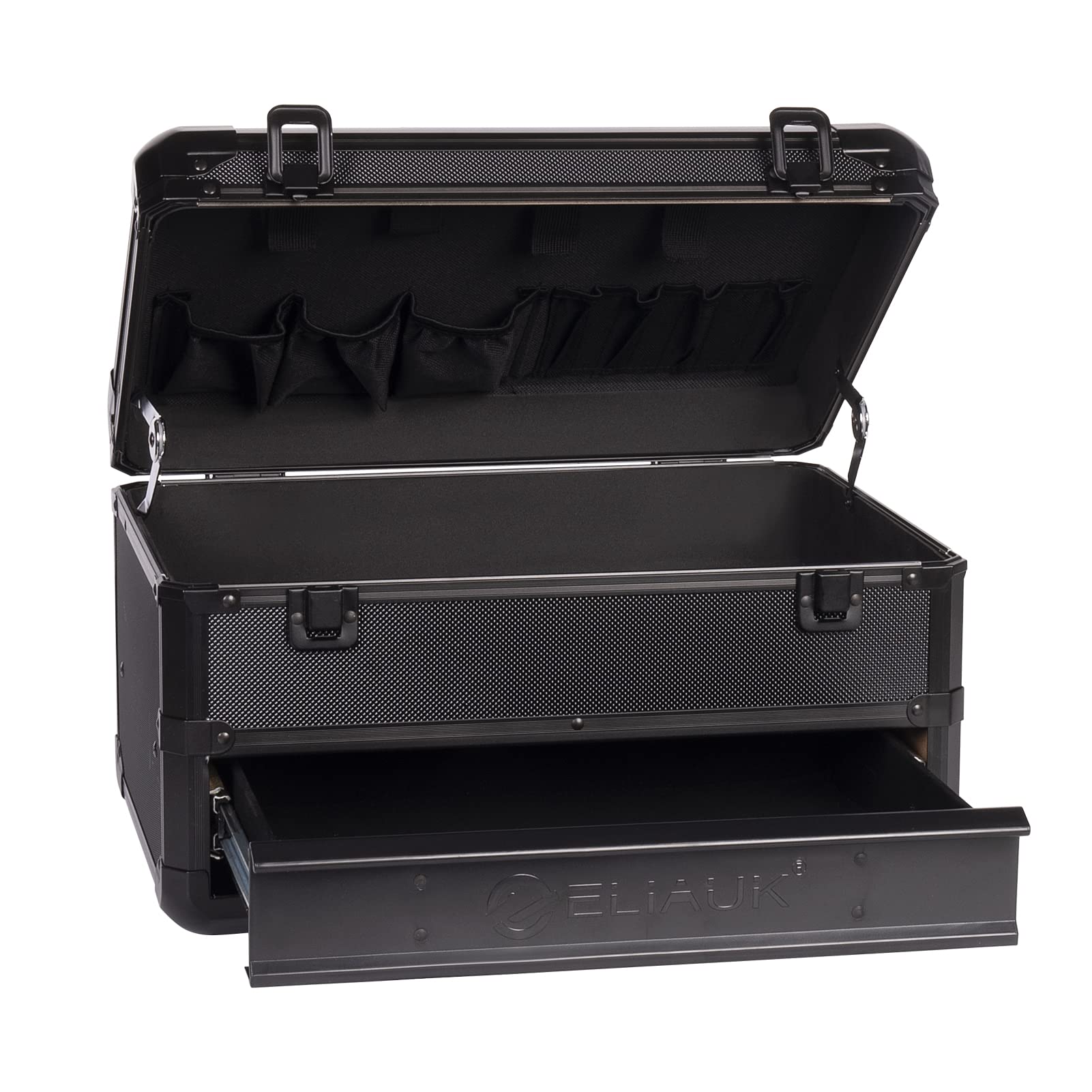E ELIAUK tool box hard case top compartment reveals ample storage space.
