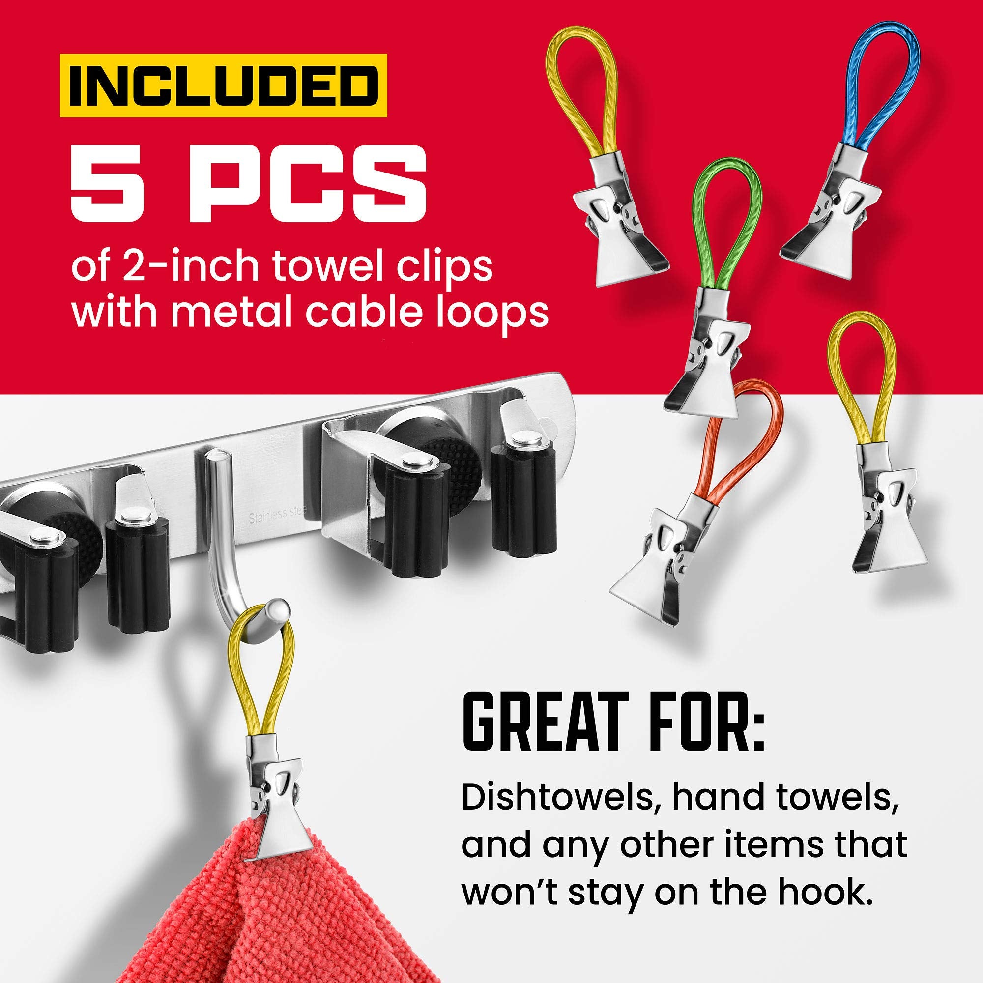 EFFEKTIVTOOLS mop holder includes 3 hooks and 5 towel clips for extra storage.