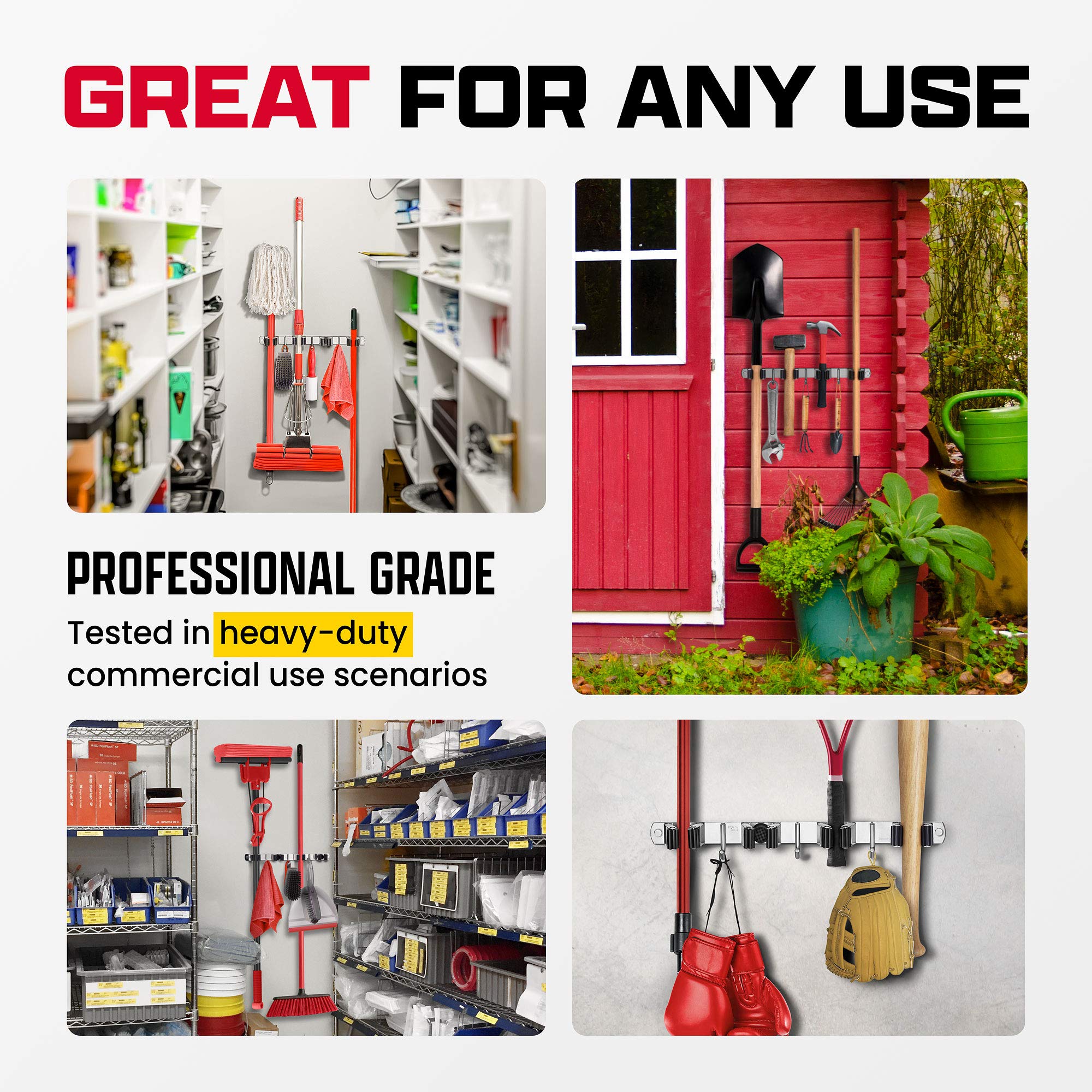 EFFEKTIVTOOLS stainless steel mop rack demonstrates durability for garage organization.