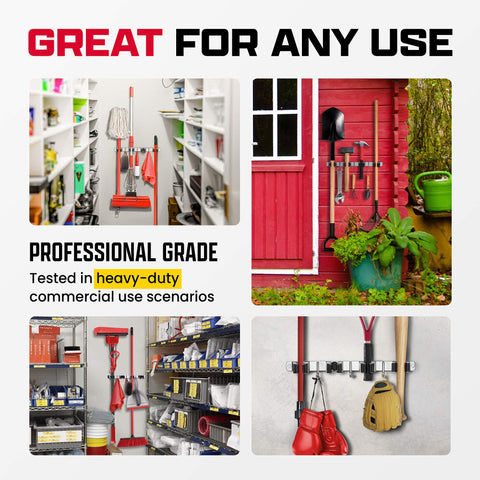 EFFEKTIVTOOLS stainless steel mop rack demonstrates durability for garage organization.