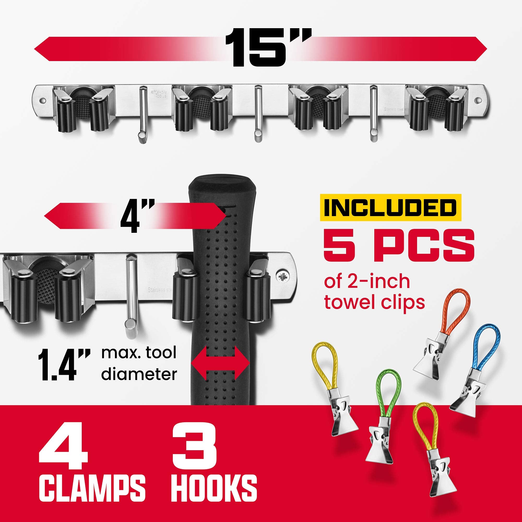 EFFEKTIVTOOLS wall mount with 4 clamps offering sturdy storage for mops and brooms.