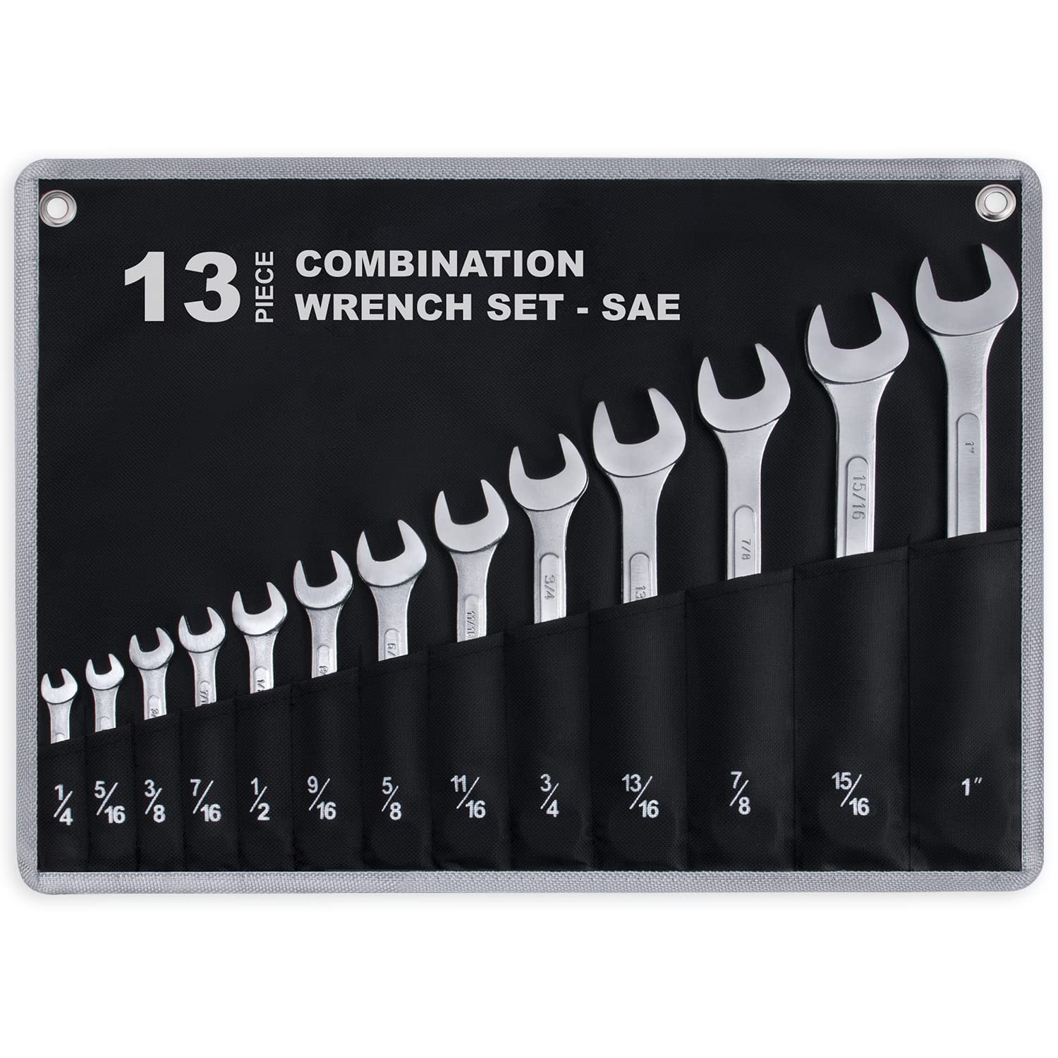 EFFICERE 13-piece SAE wrench set in rollup pouch keeps tools organized in the workshop.