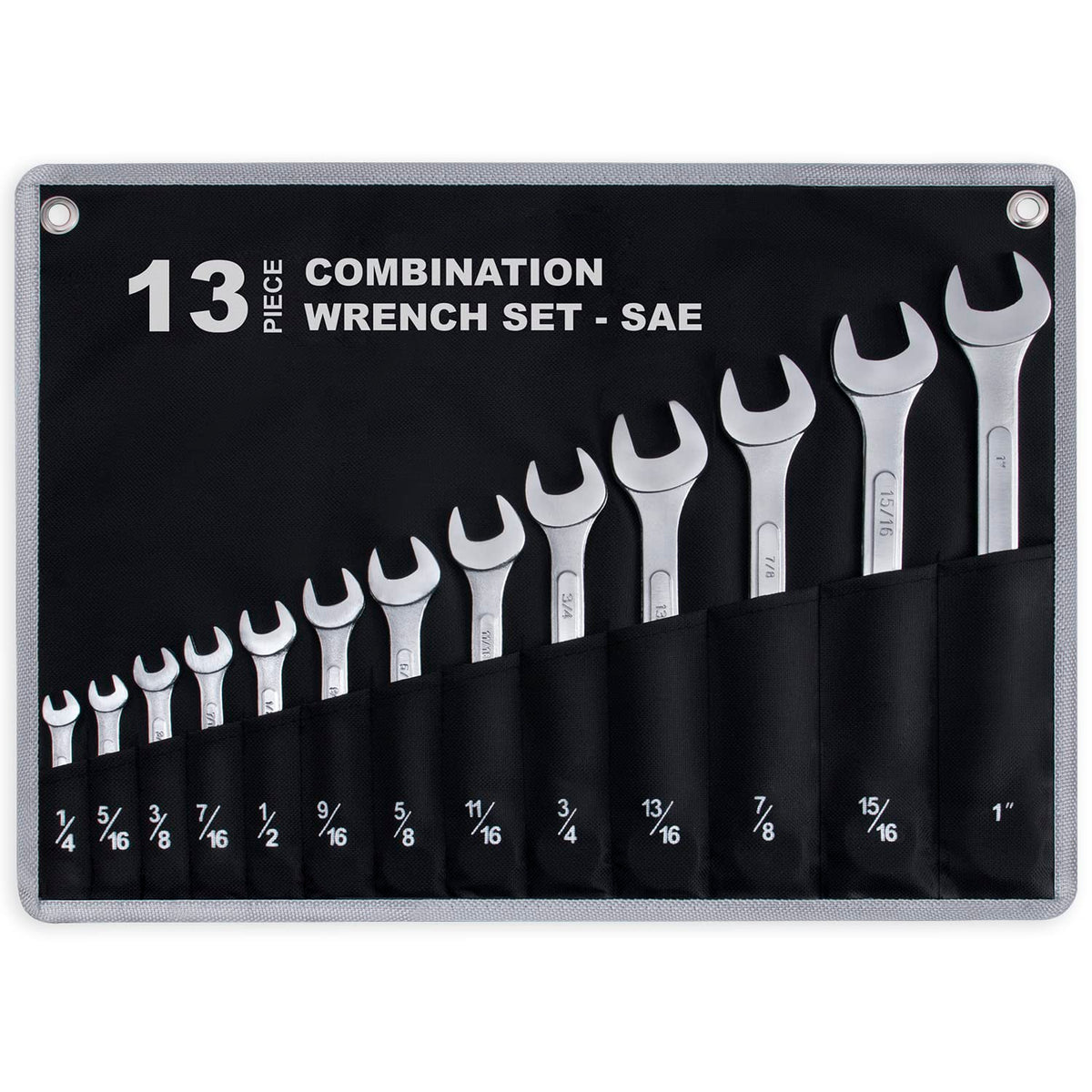 EFFICERE 13-piece SAE wrench set in rollup pouch keeps tools organized in the workshop.