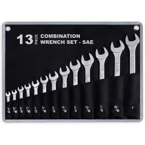 EFFICERE 13-piece SAE wrench set in rollup pouch keeps tools organized in the workshop.