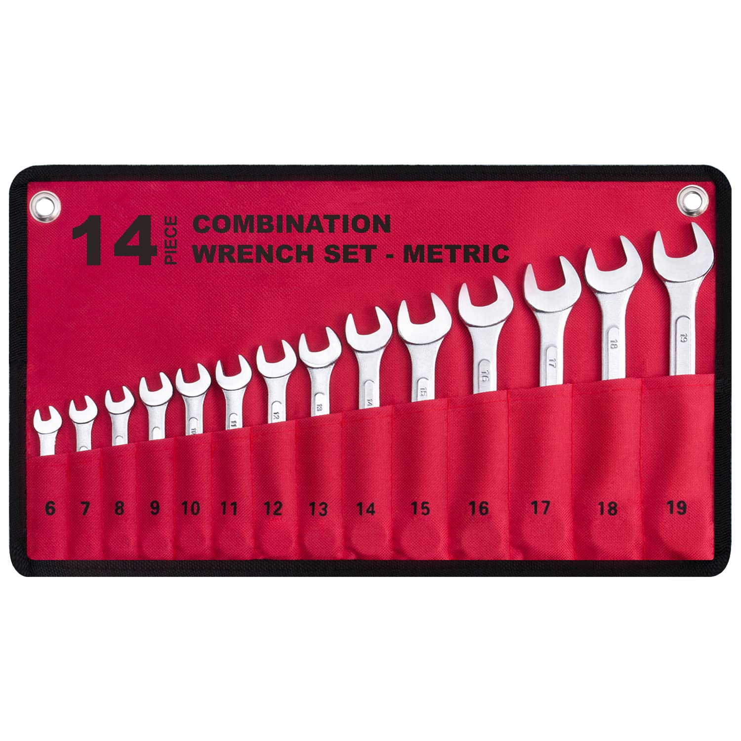 EFFICERE 14-piece metric wrenches in roll-up pouch for portable general repairs.
