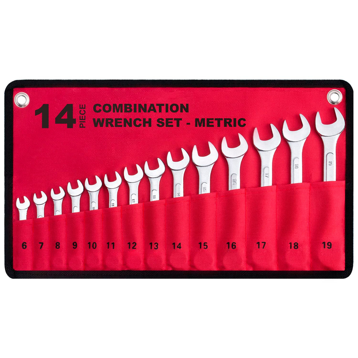 EFFICERE 14-piece metric wrenches in roll-up pouch for portable general repairs.