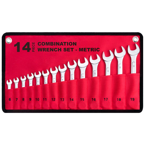 EFFICERE 14-piece metric wrenches in roll-up pouch for portable general repairs.