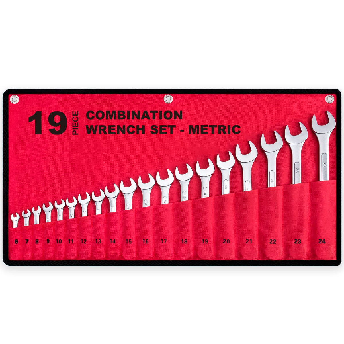 EFFICERE 19-piece metric wrench set in roll-up pouch for organized tool storage