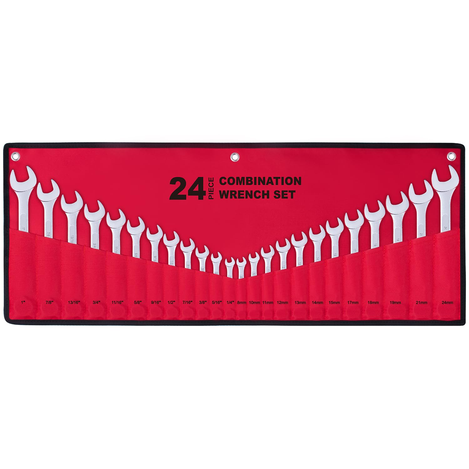 EFFICERE 24-piece wrench set with roll-up pouch for easy transport and organization.