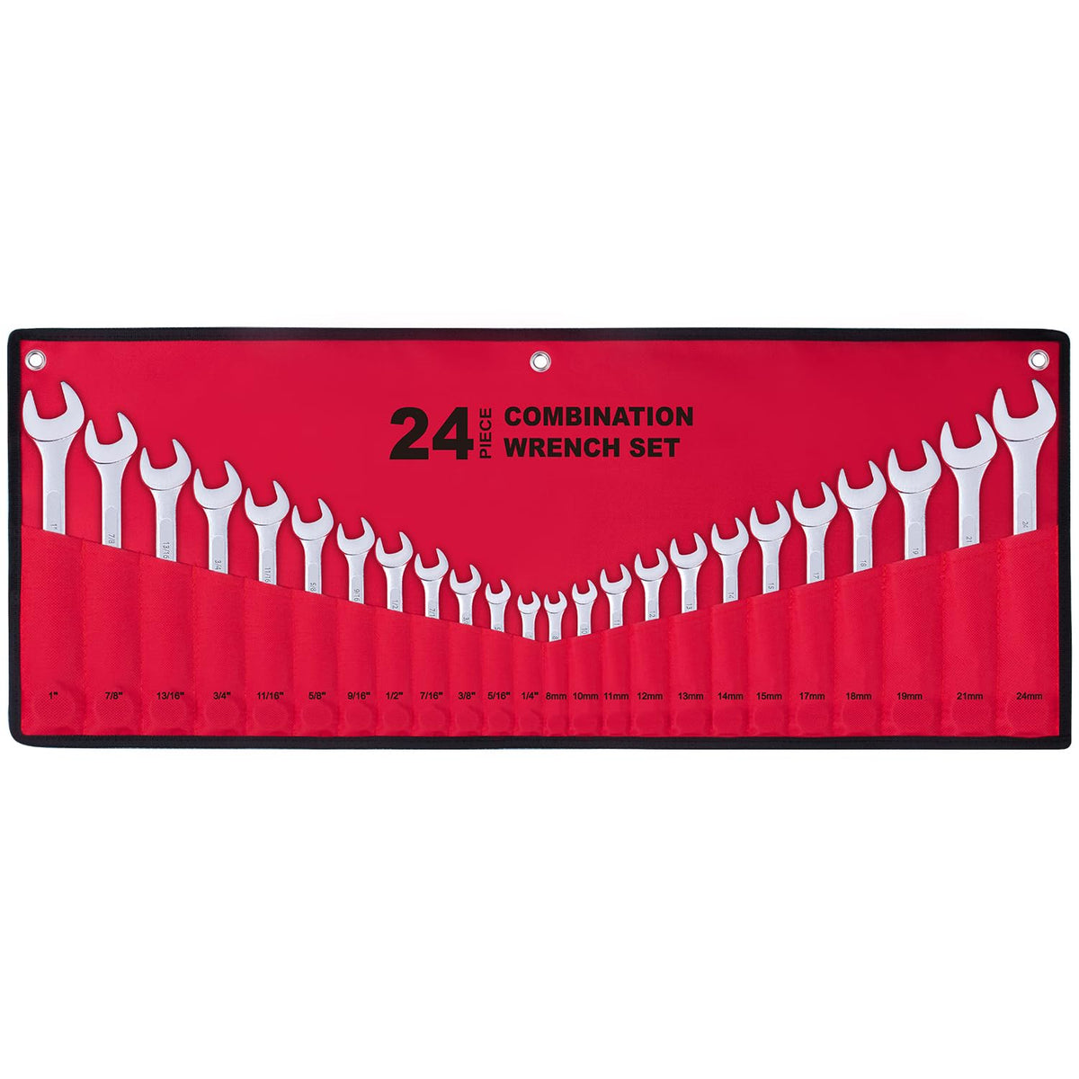 EFFICERE 24-piece wrench set with roll-up pouch for easy transport and organization.