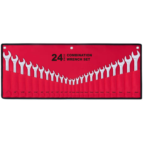EFFICERE 24-piece wrench set with roll-up pouch for easy transport and organization.