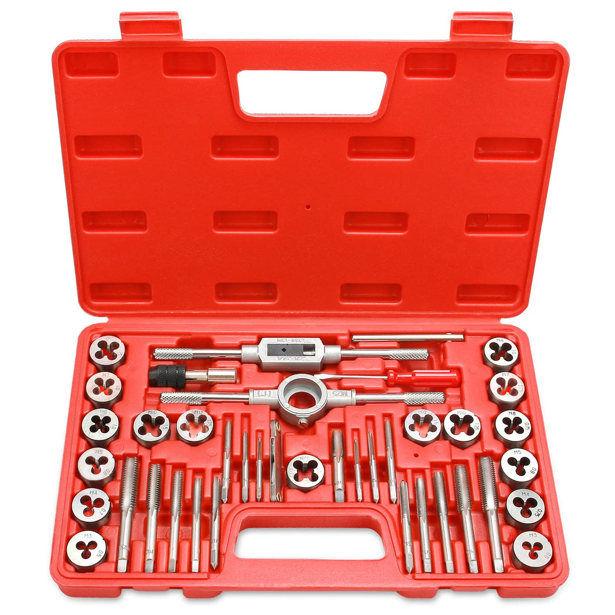 EFFICERE 40-piece tap and die set case neatly organized for fast threading projects.