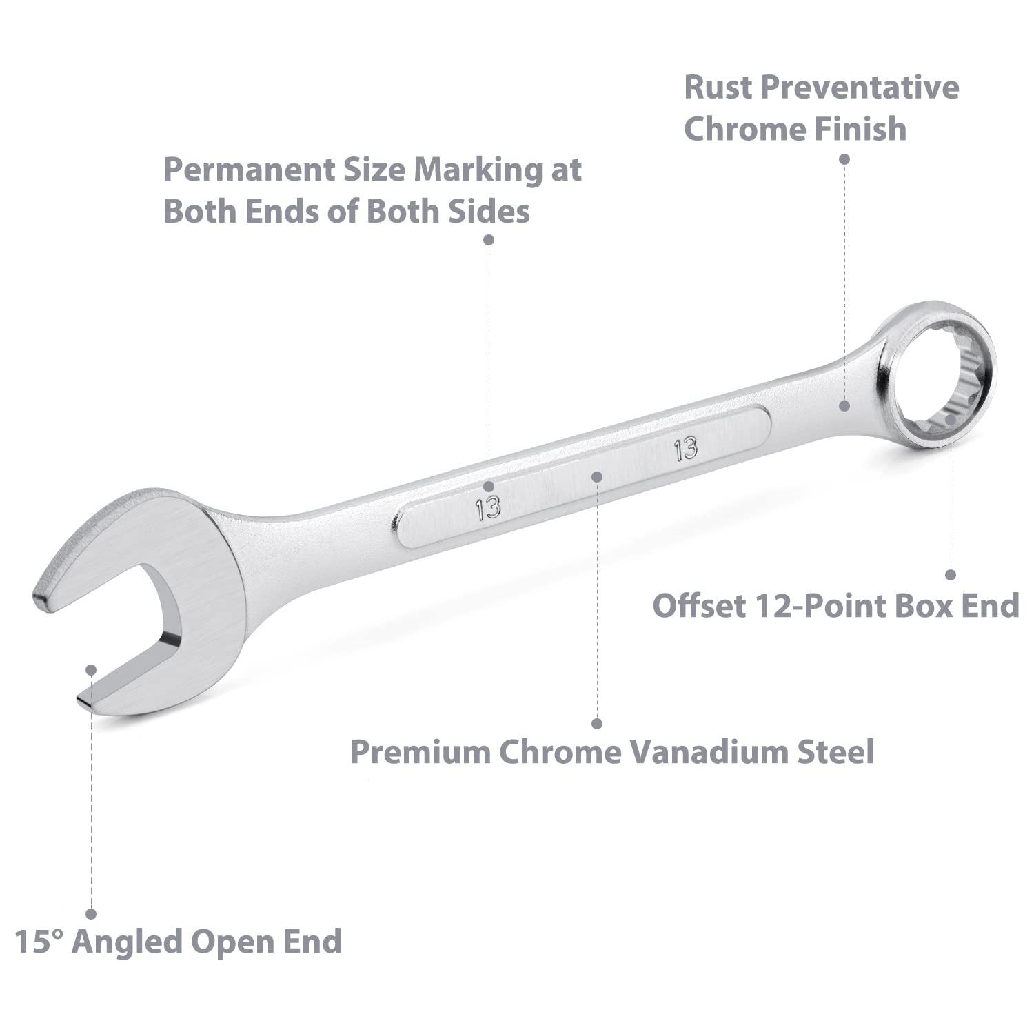 15-degree angled open end reduces swing in tight spaces for easier turning